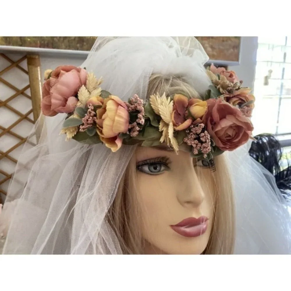 Vintage Bridal Wedding Hair Accessory Crown Earth Tones Boho Unique Handmade 70s